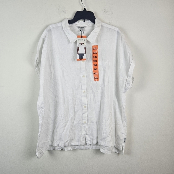 Orvis Women's Button-Up Short Sleeves Chest Pocket Blouse Linen Blend NWT White - Picture 1 of 7